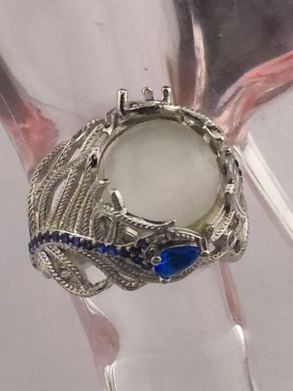 Vintage Style Blue Peacock Feather Moonstone Sterling Silver Ring sz6.5